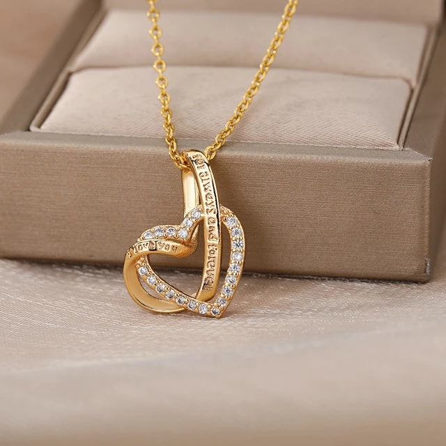 Intertwined Love Double Zircon Heart Necklace For Women Stainless Steel