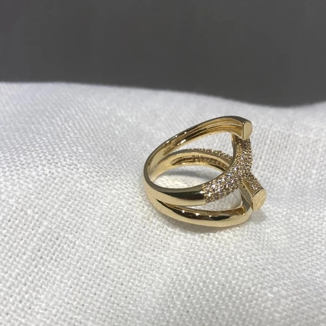 Ladies Gold Plated Fashion Design Zircon Setting Metal Cross Opening Ring