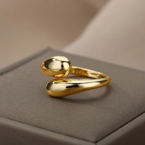 Stainless Steel Smooth Double Ball Beads Ring Geometric Open Adjustable Gold Plated Ring